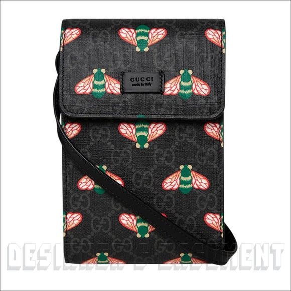 GUCCI black leather BESTIARY Bee GG Supreme black Canvas Cross Body PHONE bag 🎁 - Picture 3 of 5